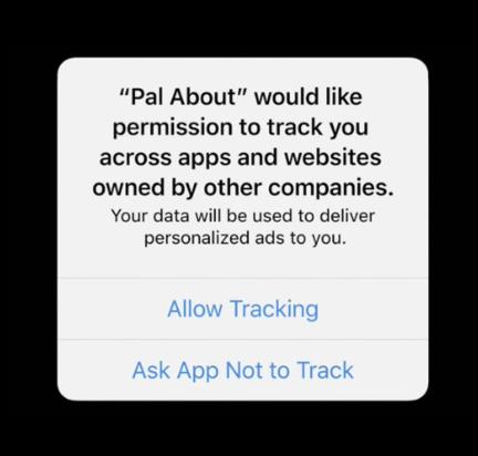 The new user permission dialog in iOS 14 from Apple that allows or denies advertiser access to the IDFA (identifier for advertisers).